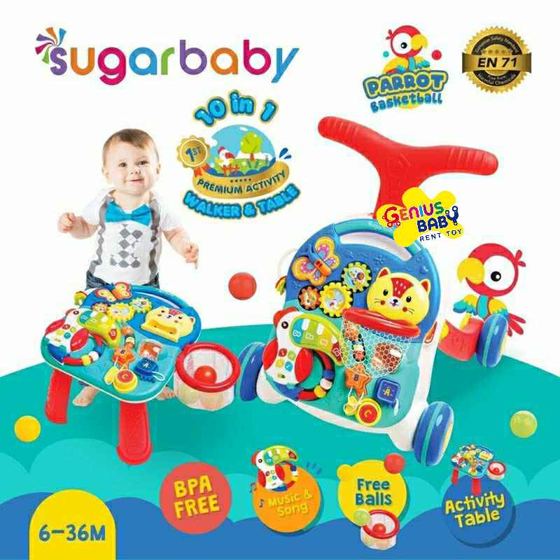 PUSHWALKER SUGAR BABY 10 IN 1 AND ACTIVITY TABLE PARROT BLUE